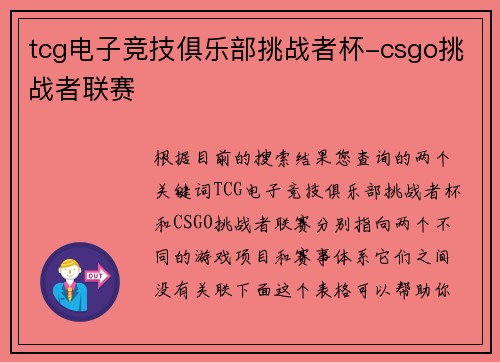 tcg电子竞技俱乐部挑战者杯-csgo挑战者联赛